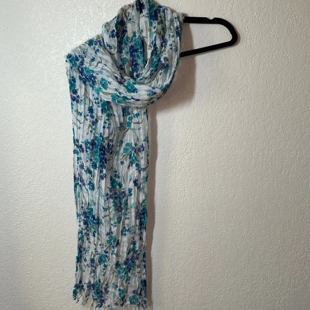 Floral Scarf‎ Lightweight White Blue Teal Summer Spring Shawl Wrap